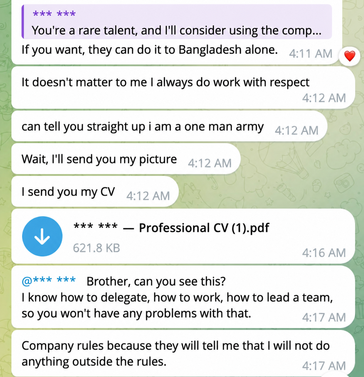 Submitted partner conversation with names and usernames replaced by asterisks